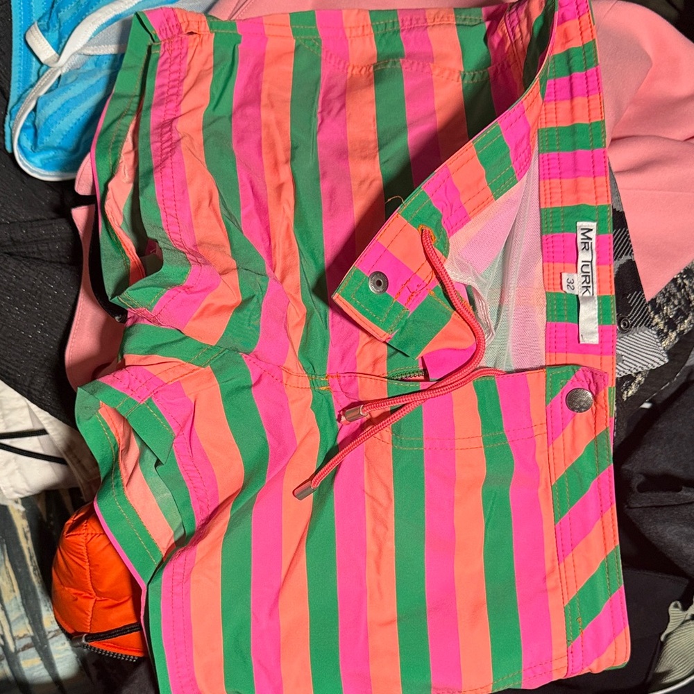 Mr Turk Men's Striped Swim Trunks - Green and Pink